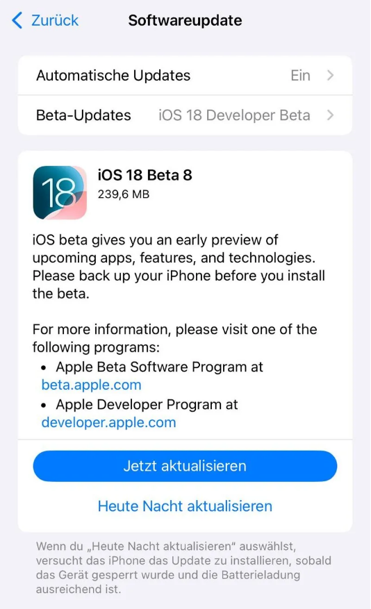 福田苹果手机维修分享苹果 iOS / iPadOS 18 开发者预览版 Beta 8 发布 